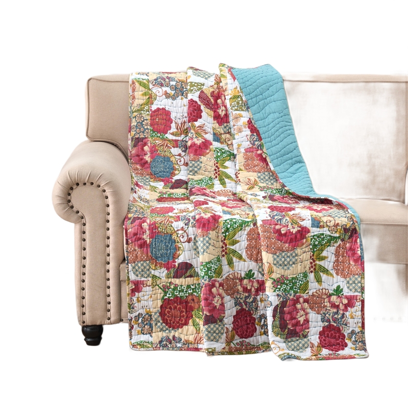 Benjara Lewi Throw Blanket- 50x60- Floral Pattern Bright Multicolored Cotton