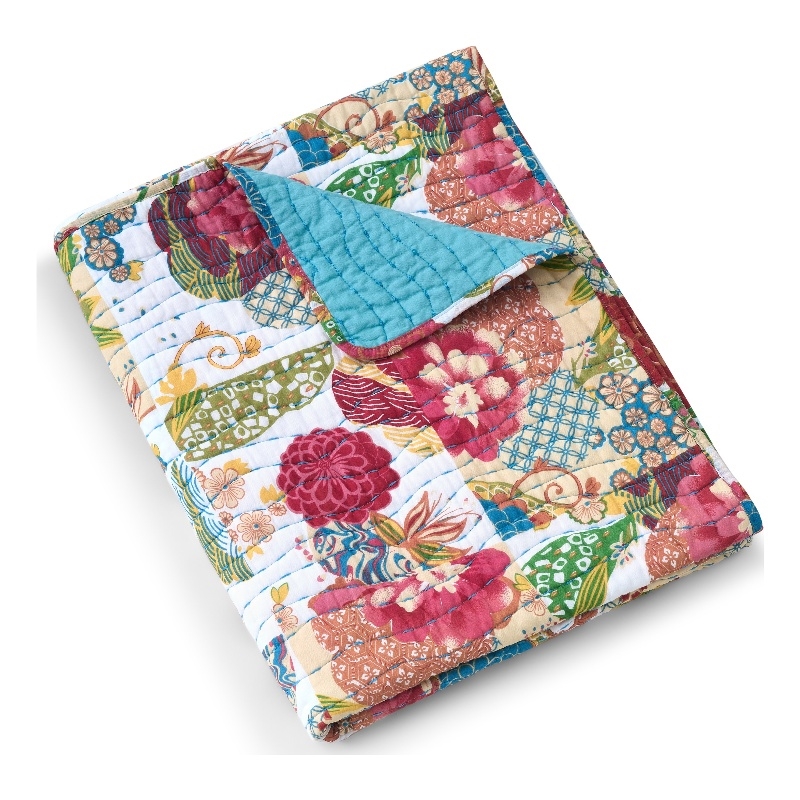 Benjara Lewi Throw Blanket- 50x60- Floral Pattern Bright Multicolored Cotton