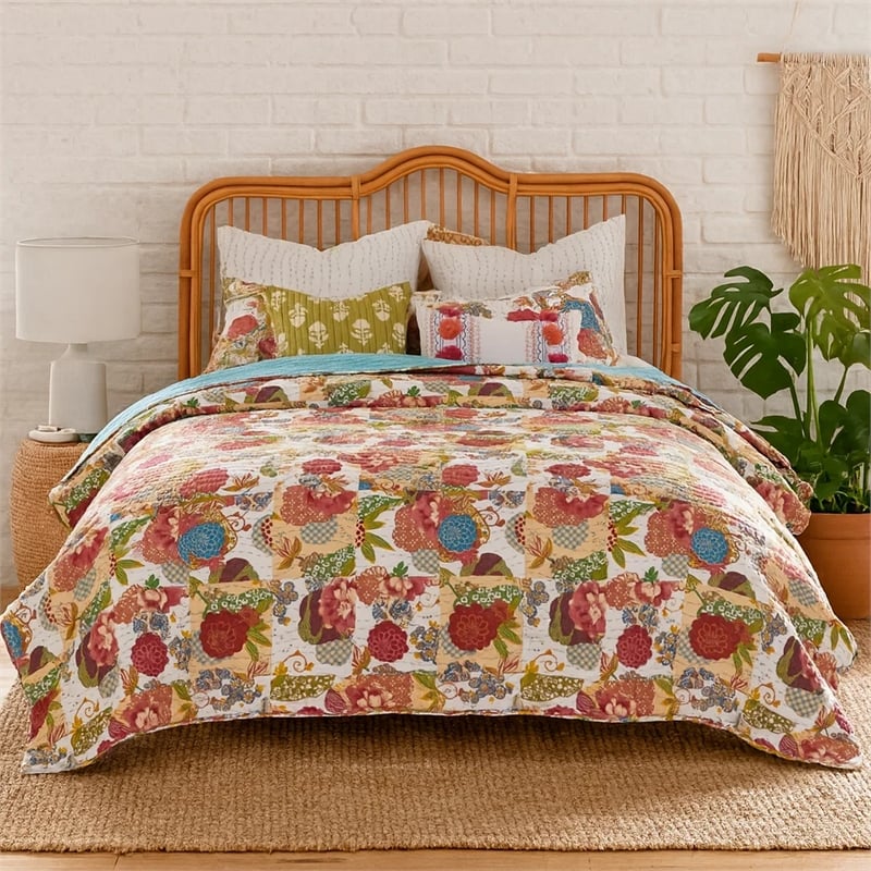 Benjara Lewi 2pc Twin Size Quilt Set- Bright Colorful Floral Pattern- Cotton