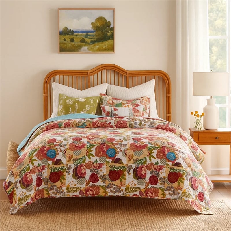 Benjara Lewi 2pc Twin Size Quilt Set- Bright Colorful Floral Pattern- Cotton