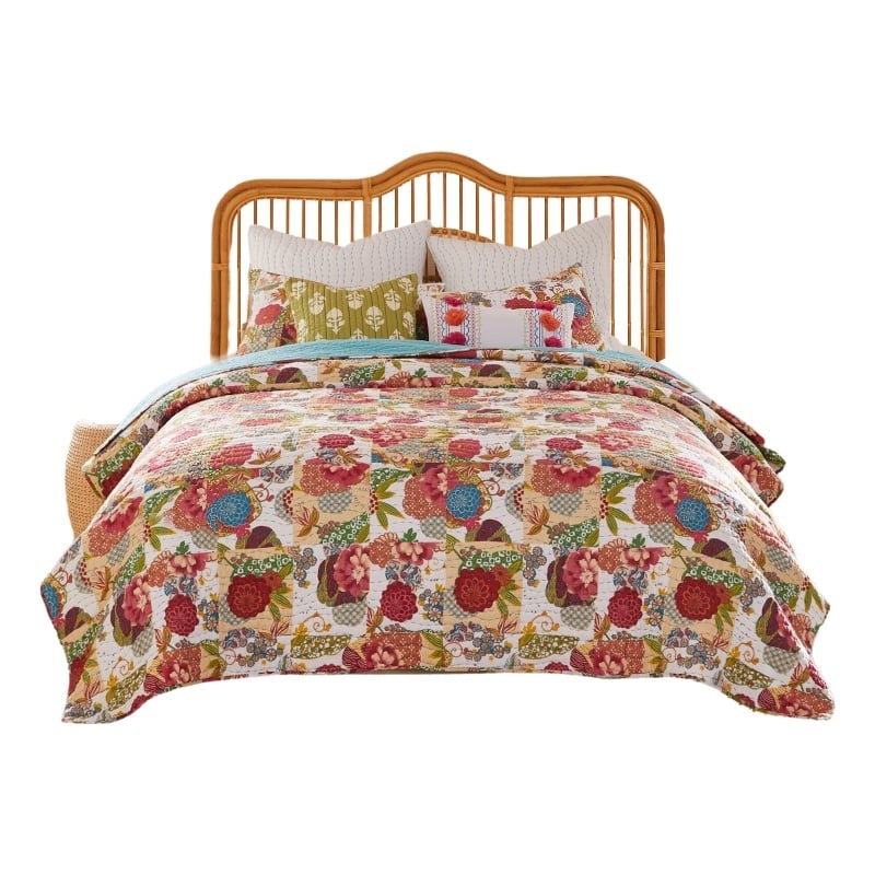 Benjara Lewi 2pc Twin Size Quilt Set- Bright Colorful Floral Pattern- Cotton