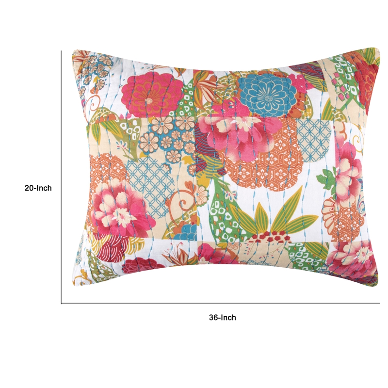 Benjara Lewi King Pillow Sham- 20 x 36- Bright Colorful Floral Pattern- Cotton