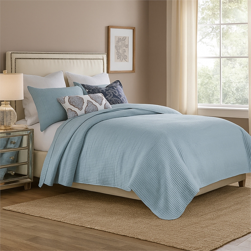 Benjara Fys 2pc Twin XL Size Coverlet Set- Woven Jacquard- Chambray Blue