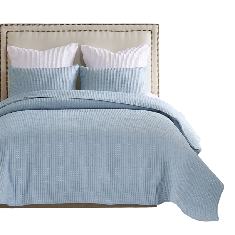 Benjara Fys 3pc Queen Size Coverlet Set- Soft Woven Jacquard- Chambray Blue