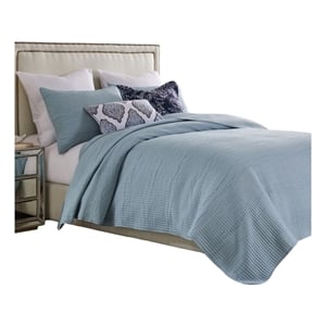 Benjara Fys 3pc Queen Size Coverlet Set- Soft Woven Jacquard- Chambray Blue
