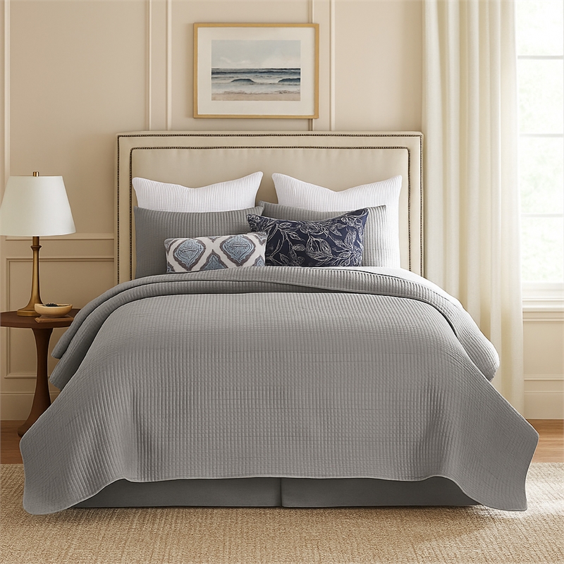 Benjara Fys 3pc Queen Size Coverlet Set- Soft Woven Jacquard Matelasse- Gray