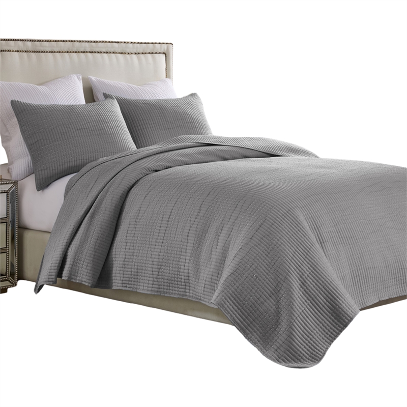 Benjara Fys 3pc Queen Size Coverlet Set- Soft Woven Jacquard Matelasse- Gray