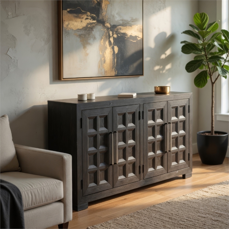 Benjara Kizie Sideboard Buffet Console 4 Doors and Shelves- Black Wood 66 Inch