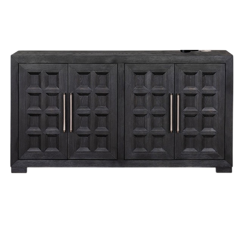 Benjara Kizie Sideboard Buffet Console 4 Doors and Shelves- Black Wood 66 Inch