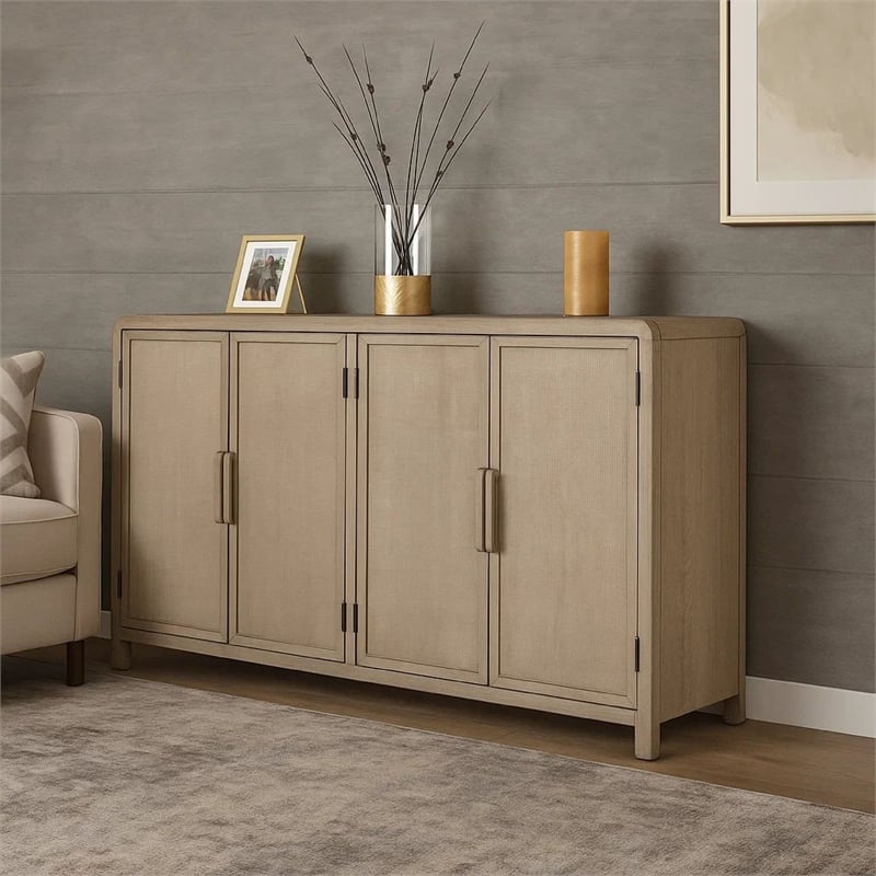 Benjara Giva Sideboard Buffet Console 4 Doors- Rattan Patterns- Brown 68 Inch