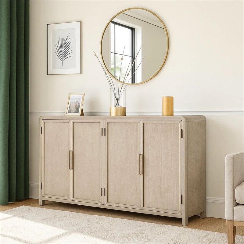Benjara Giva Sideboard Buffet Console 4 Doors- Rattan Patterns- Brown 68 Inch