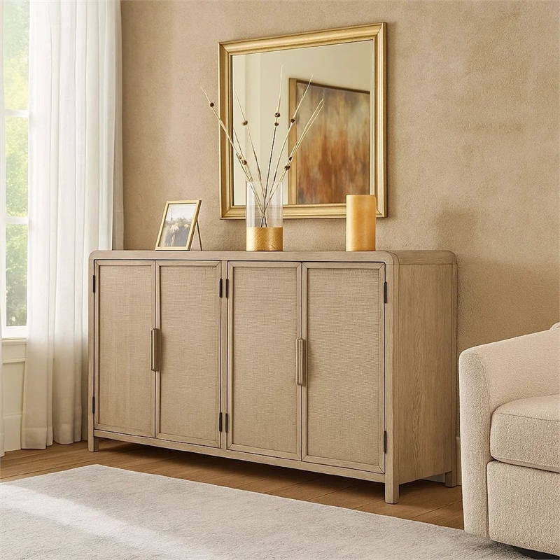 Benjara Giva Sideboard Buffet Console 4 Doors- Rattan Patterns- Brown 68 Inch