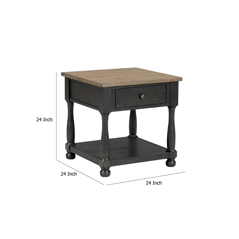 Benjara Ginie End Table- 1 Drawer- Black Brown Solid Rubberwood- 24 Inch
