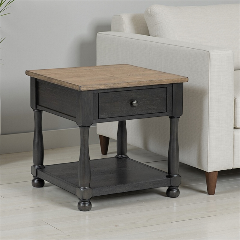 Benjara Ginie End Table- 1 Drawer- Black Brown Solid Rubberwood- 24 Inch