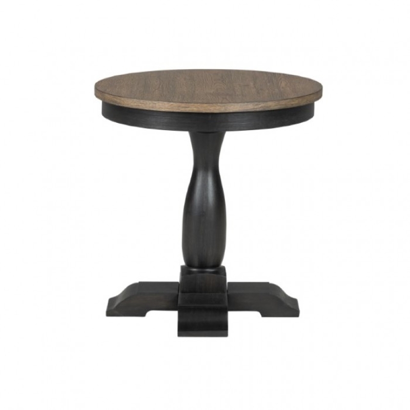 Benjara Ginie Round End Table- Rustic Black Brown Solid Rubberwood- 24 Inch