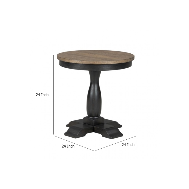 Benjara Ginie Round End Table- Rustic Black Brown Solid Rubberwood- 24 Inch