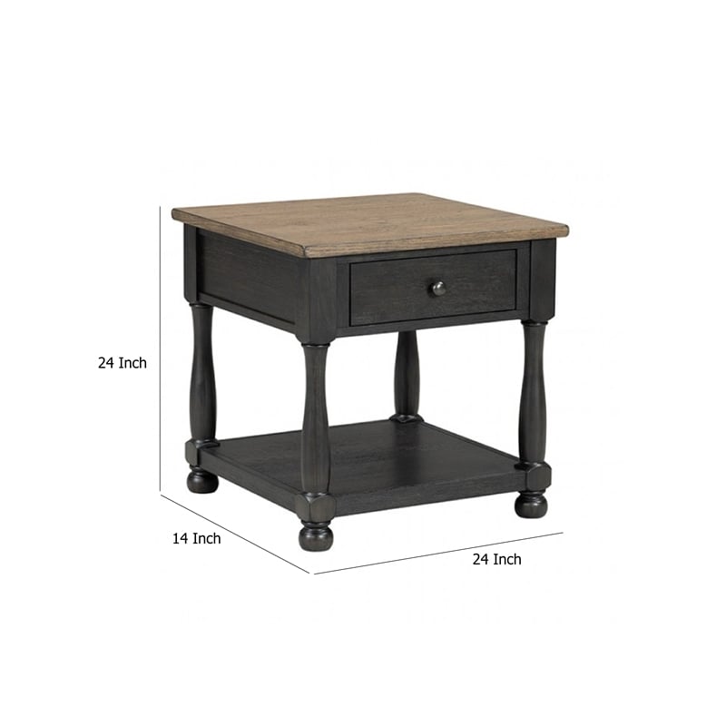 Benjara Ginie Chairside End Table- 1 Drawer- Black Brown Solid Wood- 24 Inch