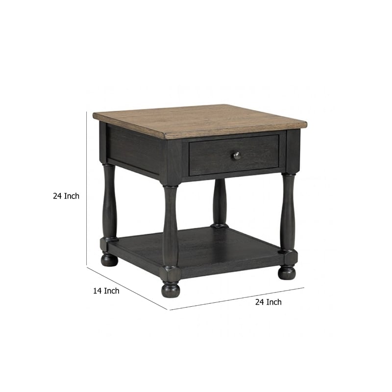Benjara Ginie Chairside End Table- 1 Drawer- Black Brown Solid Wood- 24 Inch
