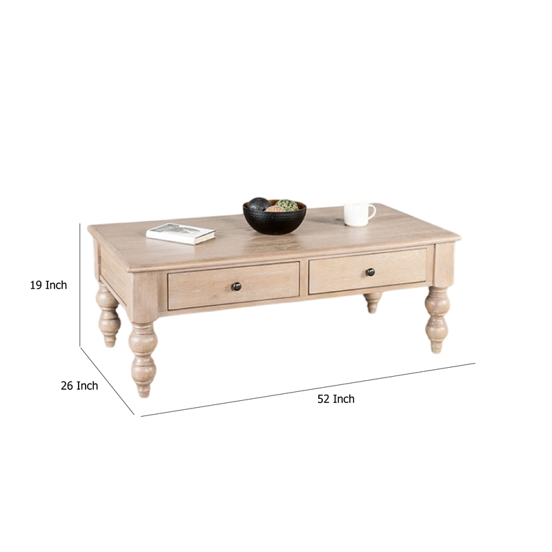 Benjara Cherie Coffee Table- 2 Drawers- Light White Washed Wood- 52 Inch