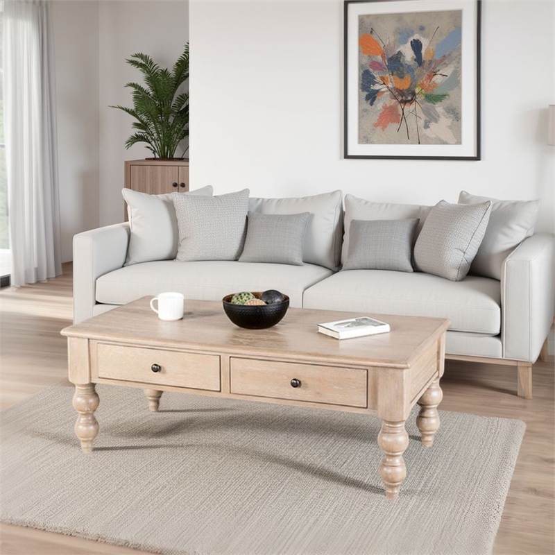 Benjara Cherie Coffee Table- 2 Drawers- Light White Washed Wood- 52 Inch