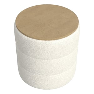 Benjara Mona Storage Ottoman- 19&quot Round Lift Top- Channeled Ivory Boucle