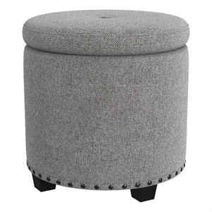 Benjara Zoya Storage Ottoman- 19&quot Round Lift Top- Light Gray Woven Fabric