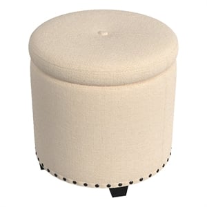 Benjara Zoya Storage Ottoman- 19&quot Round Lift Top- Beige Woven Fabric