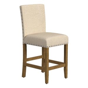Benjara Siem Counter Stool Chair- Brown Beige Polyester Seat- Nailhead Trim