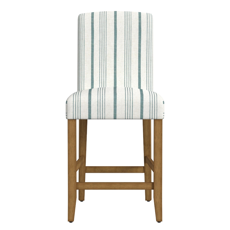 Benjara Pior Counter Stool Chair- Blue and White Stripe- Brown Wood Legs