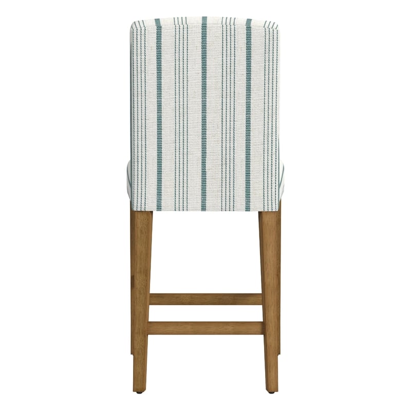 Benjara Pior Counter Stool Chair- Blue and White Stripe- Brown Wood Legs