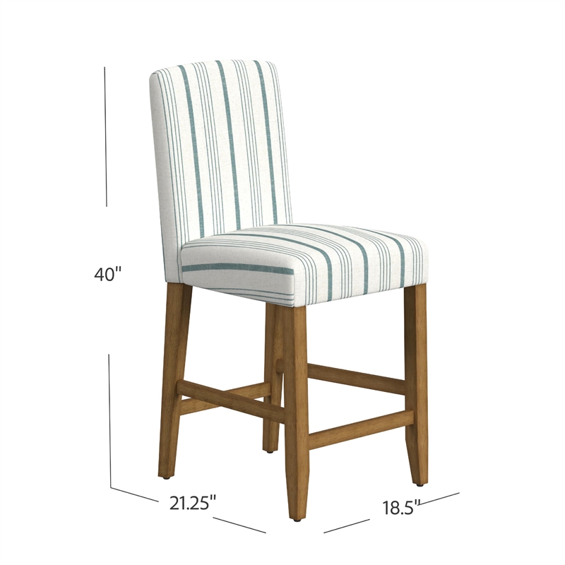Benjara Pior Counter Stool Chair- Blue and White Stripe- Brown Wood Legs