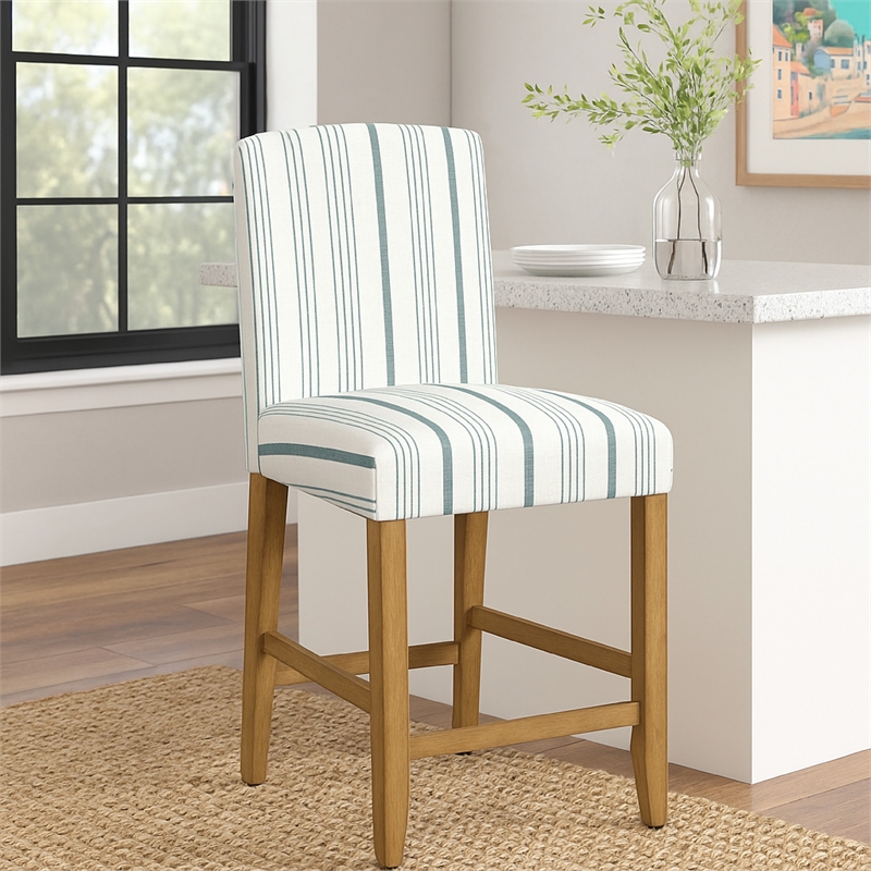 Benjara Pior Counter Stool Chair- Blue and White Stripe- Brown Wood Legs