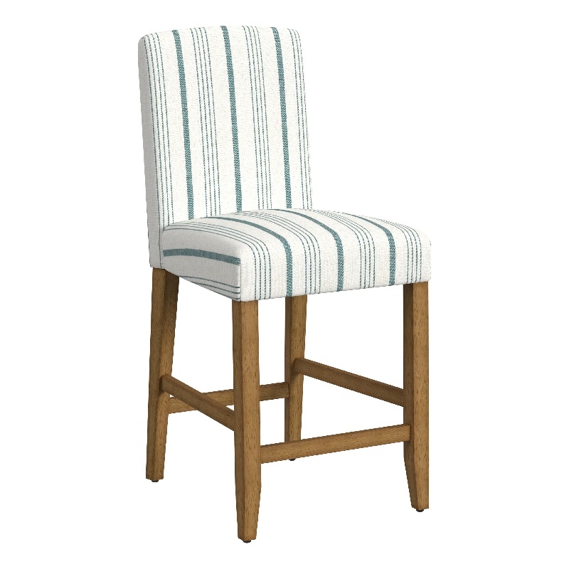 Benjara Pior Counter Stool Chair- Blue and White Stripe- Brown Wood Legs