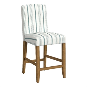 Benjara Pior Counter Stool Chair- Blue and White Stripe- Brown Wood Legs