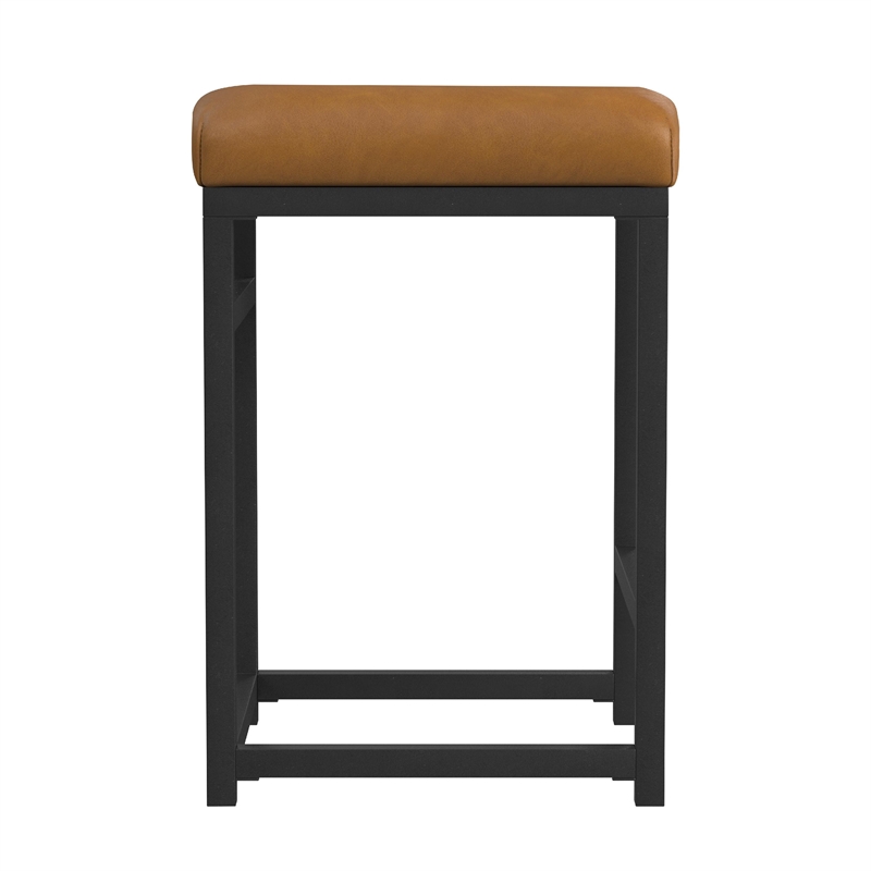 Benjara Toko Backless Counter Stool- Brown Faux Leather- Industrial Black