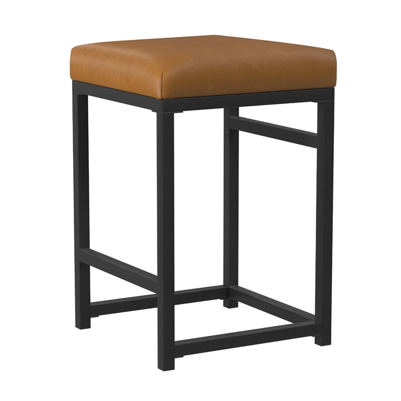 Benjara Toko Backless Counter Stool- Brown Faux Leather- Industrial Black