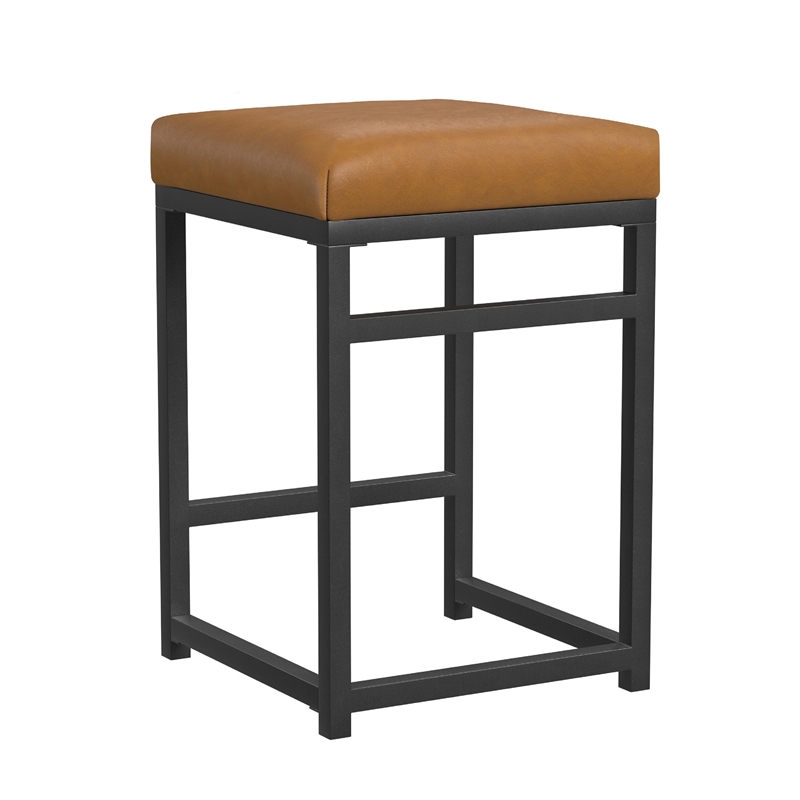 Benjara Toko Backless Counter Stool- Brown Faux Leather- Industrial Black