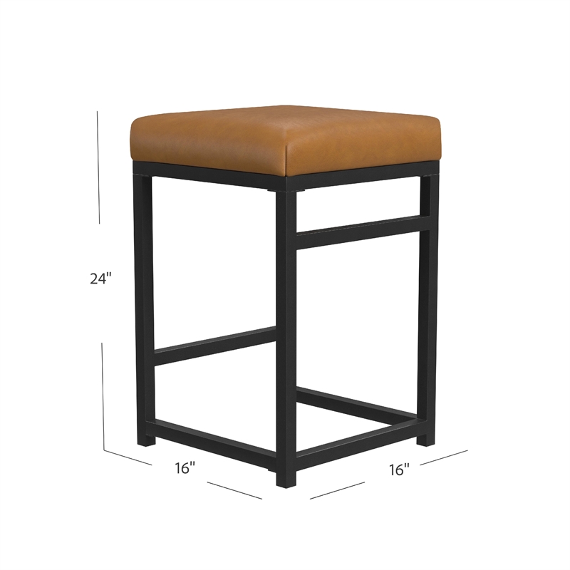 Benjara Toko Backless Counter Stool- Brown Faux Leather- Industrial Black