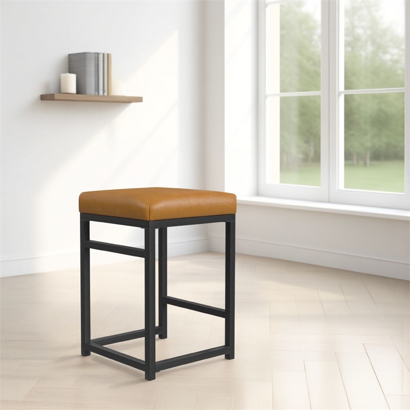 Benjara Toko Backless Counter Stool- Brown Faux Leather- Industrial Black
