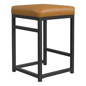 Benjara Toko Backless Counter Stool- Brown Faux Leather- Industrial Black