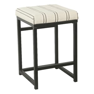 Benjara Toko Backless Counter Stool- White Striped Polyester- Industrial Black