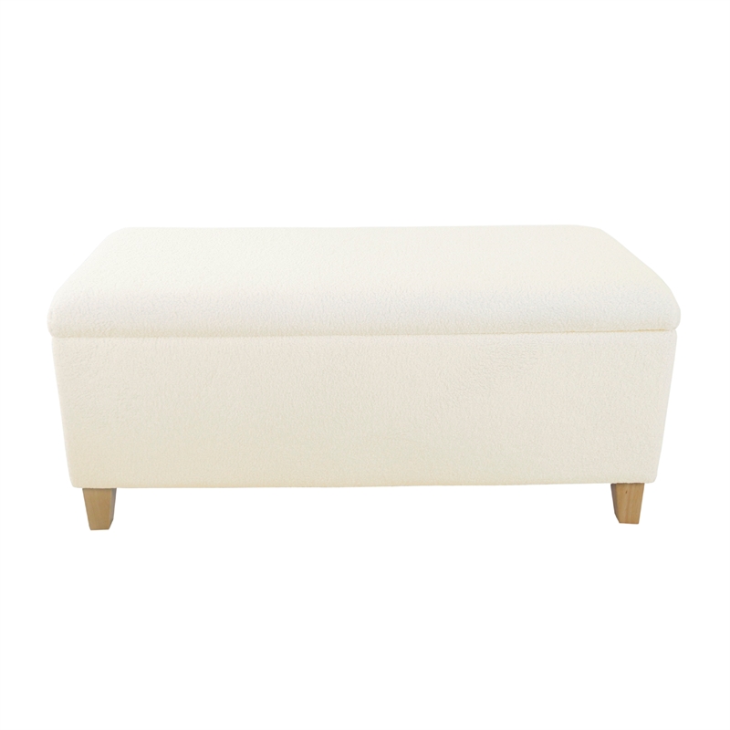 Benjara Liv Storage Bench Ottoman- Cream Sherpa- Natural Brown Wood- 42 Inch