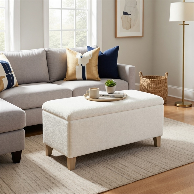 Benjara Liv Storage Bench Ottoman- Cream Sherpa- Natural Brown Wood- 42 Inch