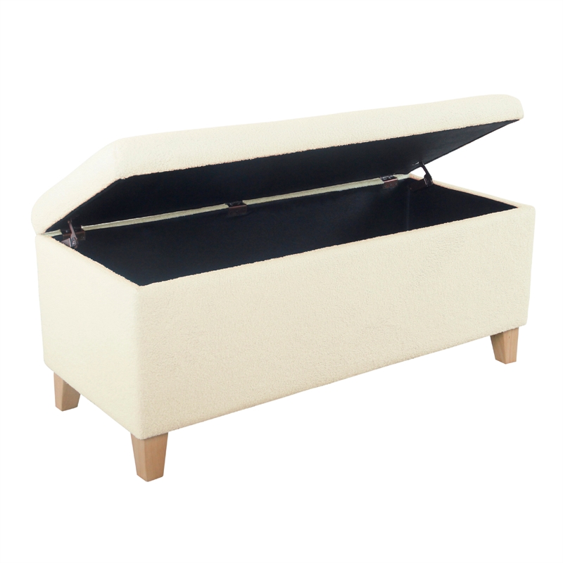 Benjara Liv Storage Bench Ottoman- Cream Sherpa- Natural Brown Wood- 42 Inch