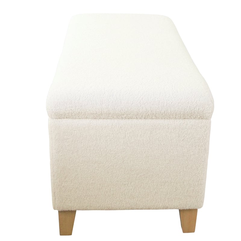 Benjara Liv Storage Bench Ottoman- Cream Sherpa- Natural Brown Wood- 42 Inch