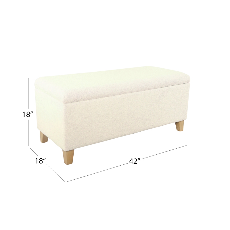 Benjara Liv Storage Bench Ottoman- Cream Sherpa- Natural Brown Wood- 42 Inch