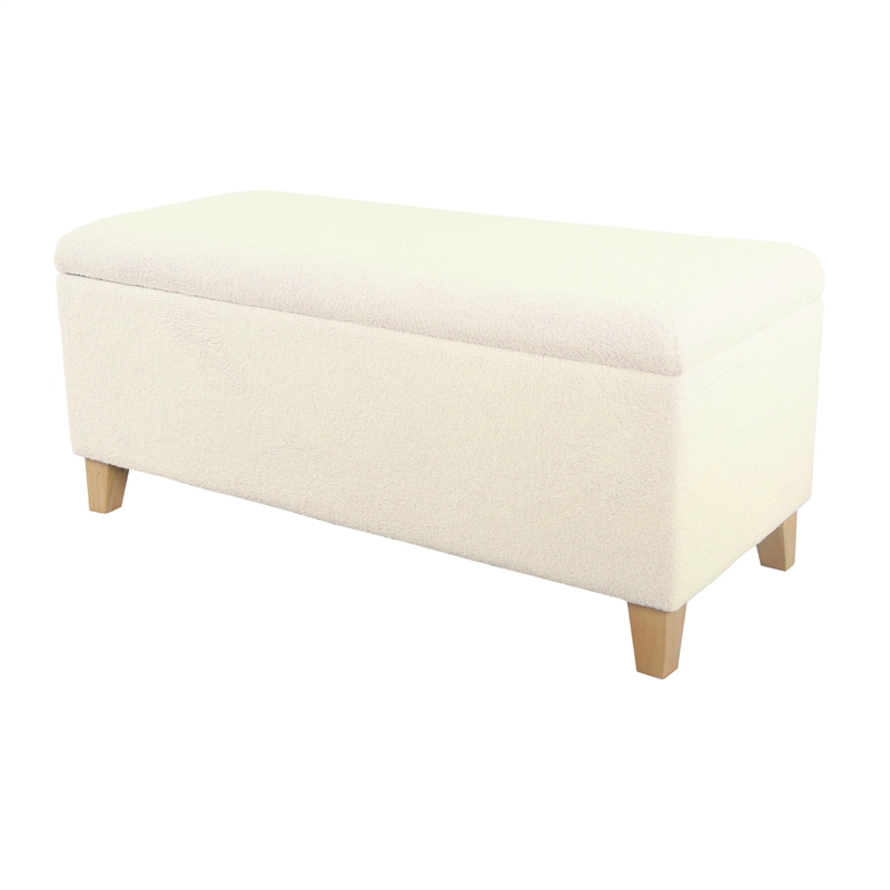 Benjara Liv Storage Bench Ottoman- Cream Sherpa- Natural Brown Wood- 42 Inch