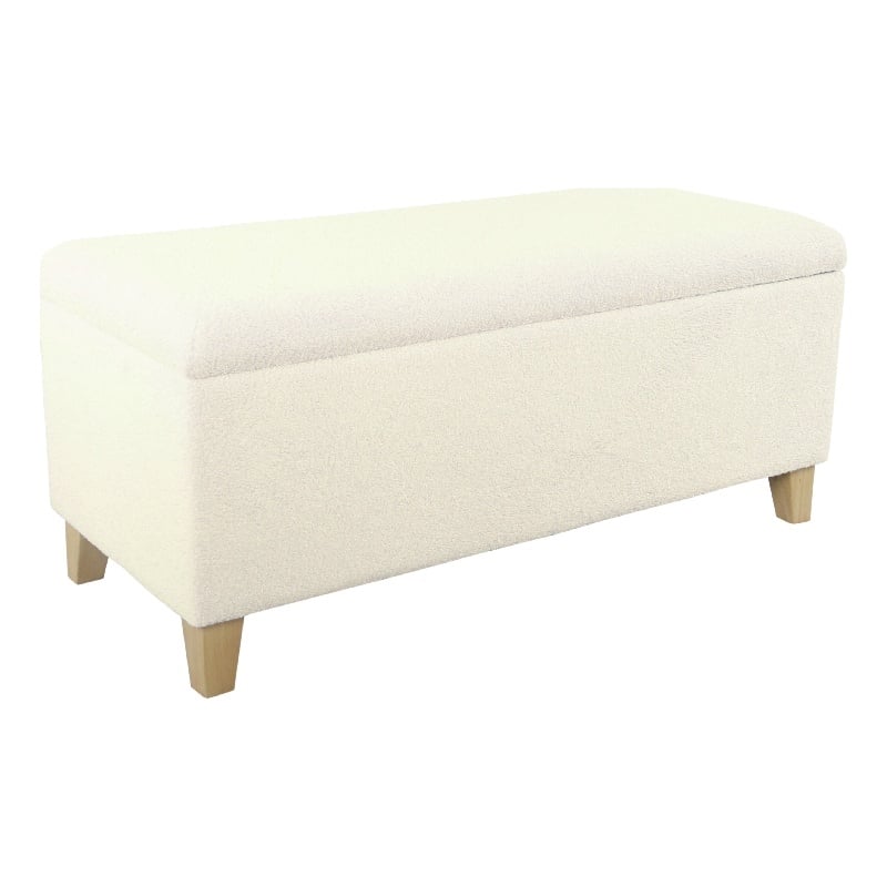 Benjara Liv Storage Bench Ottoman- Cream Sherpa- Natural Brown Wood- 42 Inch