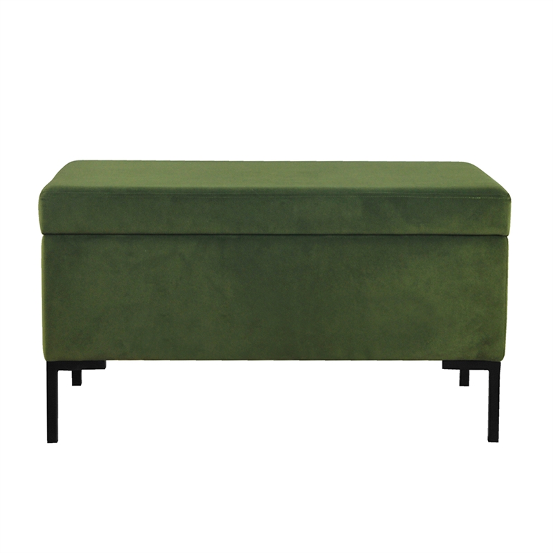 Benjara Ray Storage Bench Ottoman- Forest Green Velvet- Metal Legs- 32 Inch