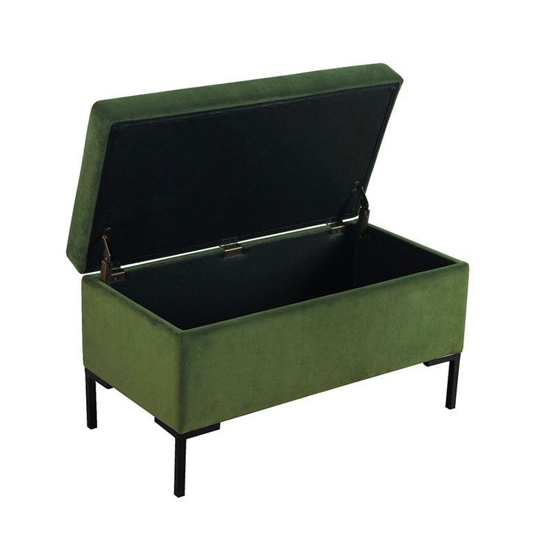 Benjara Ray Storage Bench Ottoman- Forest Green Velvet- Metal Legs- 32 Inch